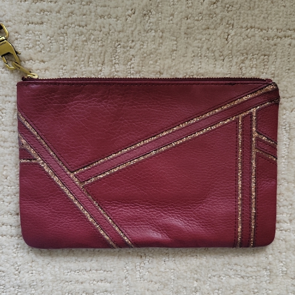 Fossil Maroon and Bronzed Gold Clutch with Textured Detail
